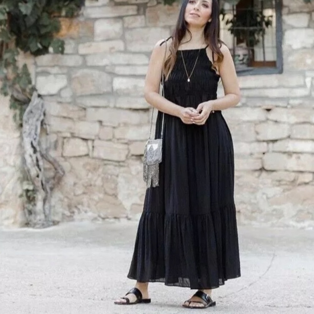 Zara Black Ruffled Textured Midi Dress With Straps - Zara Midi Sundress